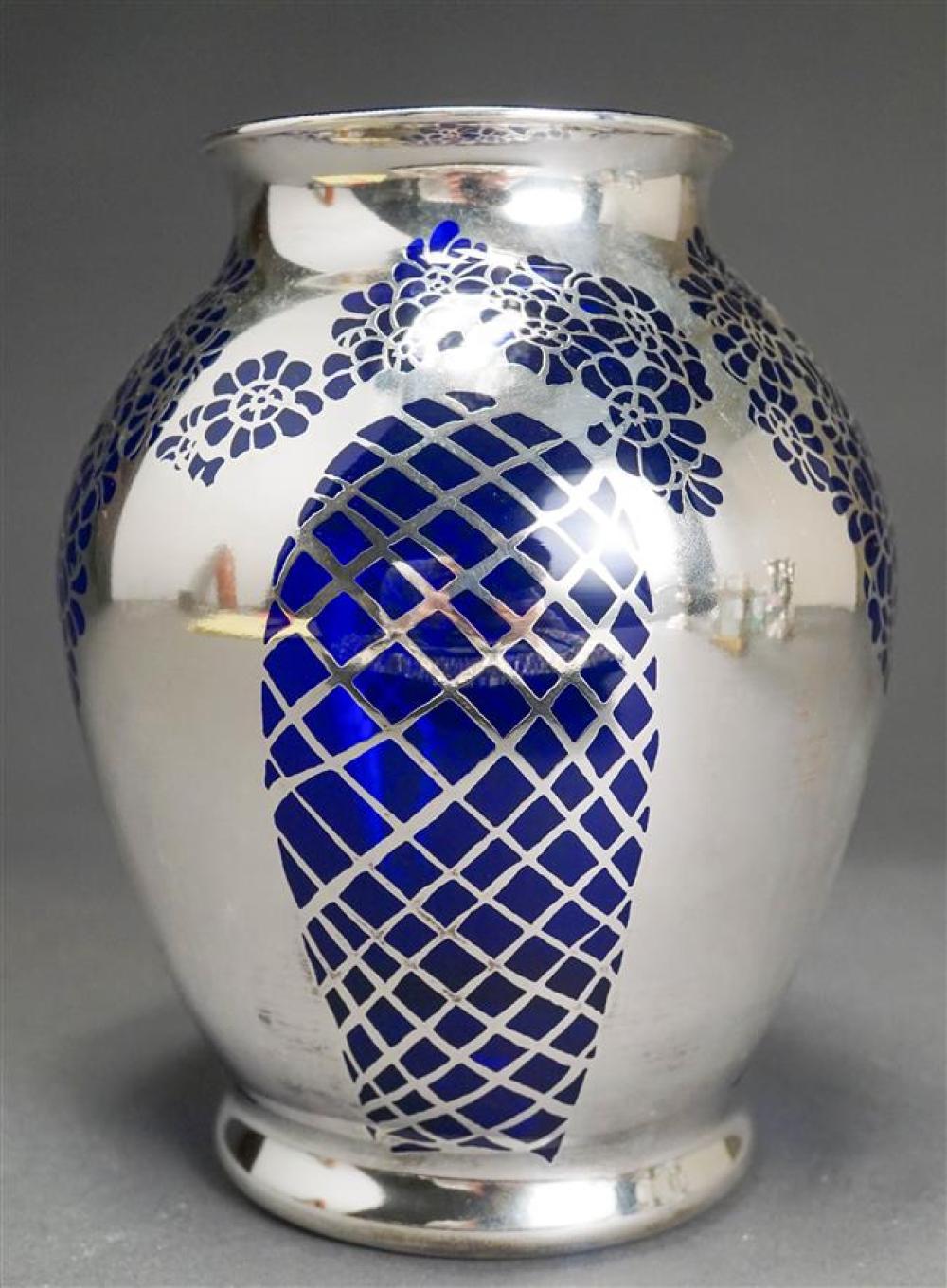 SILVER OVERLAY COBALT GLASS VASE,