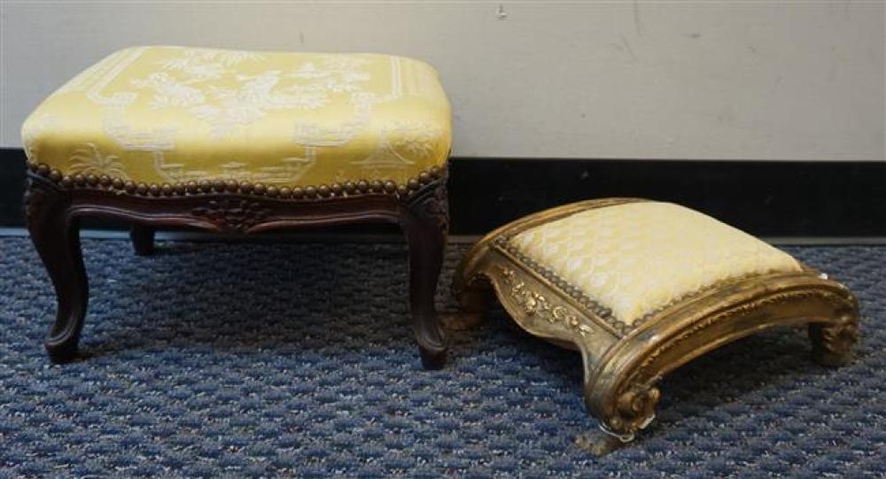 PAIR FRENCH UPHOLSTERED FOOTSTOOLS,