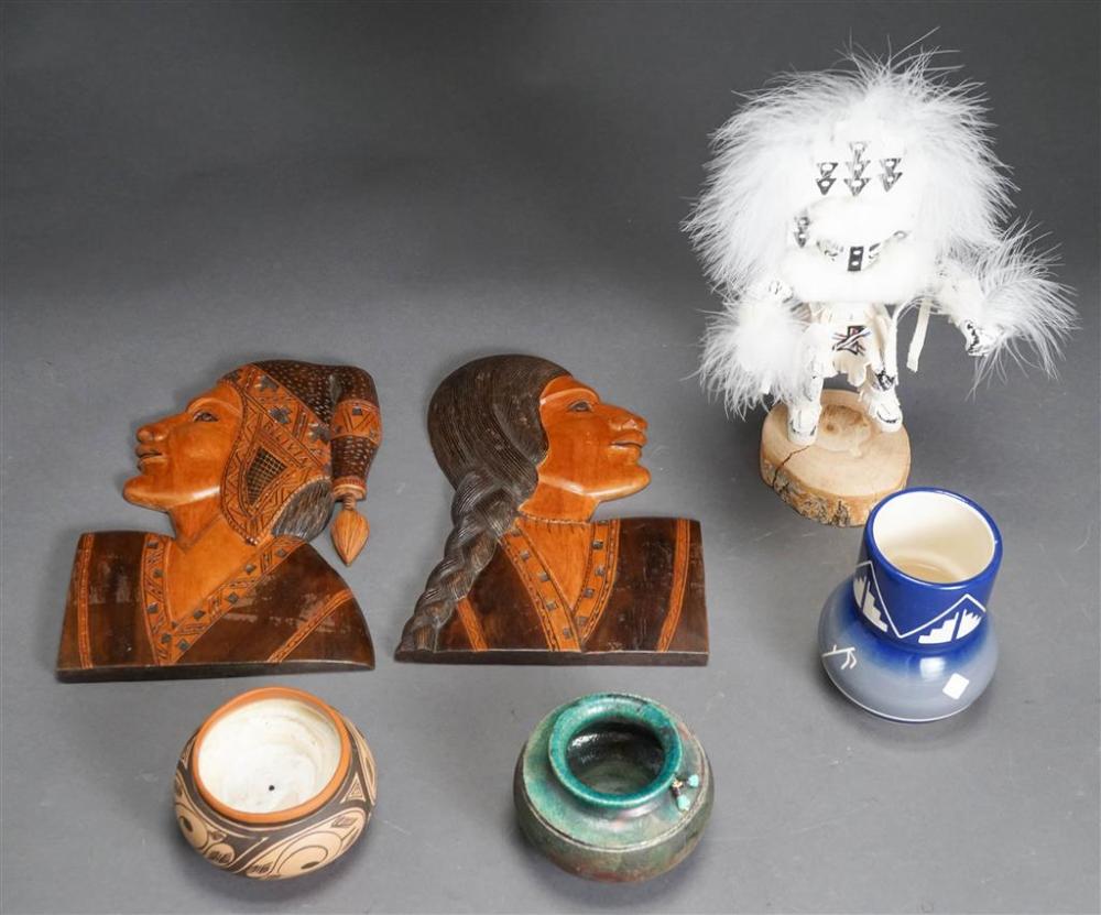 KACHINA DOLL, THREE POTTERY BOWLS AND