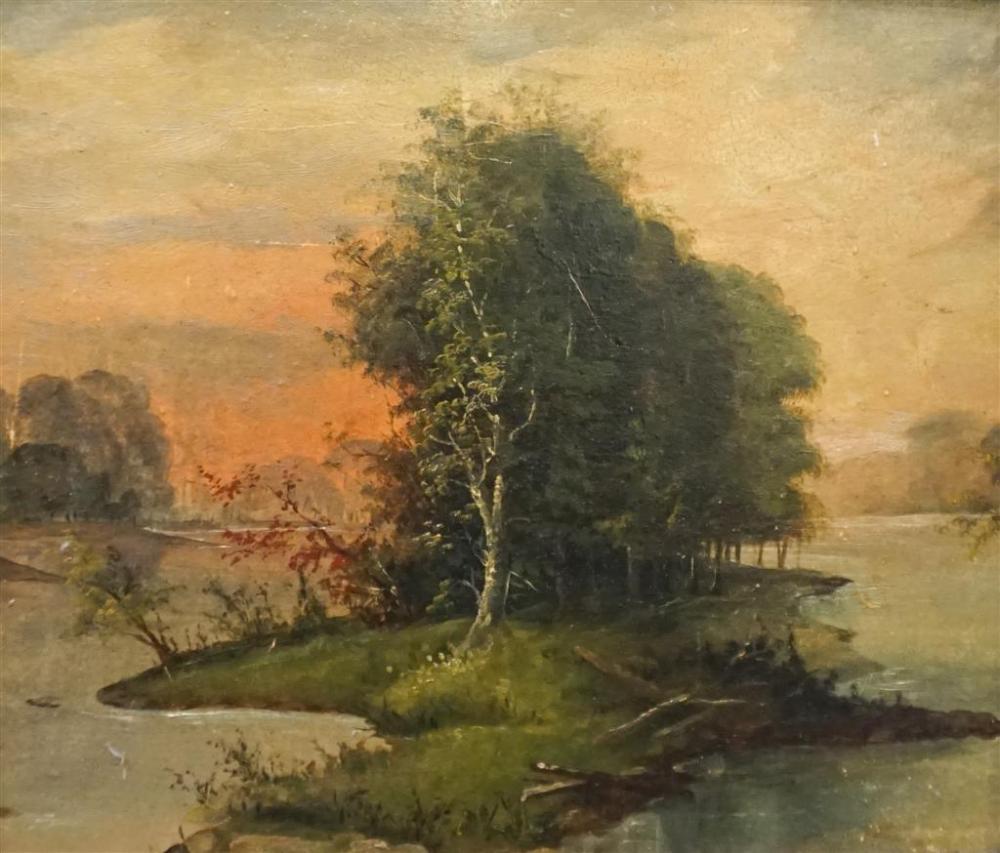 TREES BY WATER AT DUSK, OIL ON