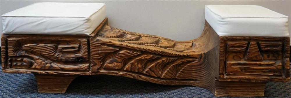 CARVED PINE BENCH H 15 D 48 1 4 3262d1