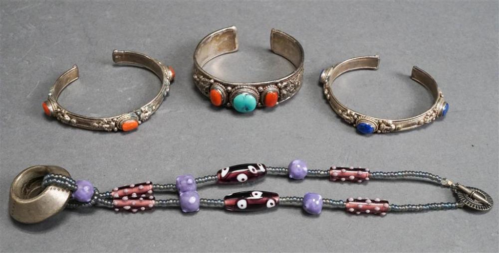 THREE SILVER CUFF BRACELETS AND A NECKLACEThree