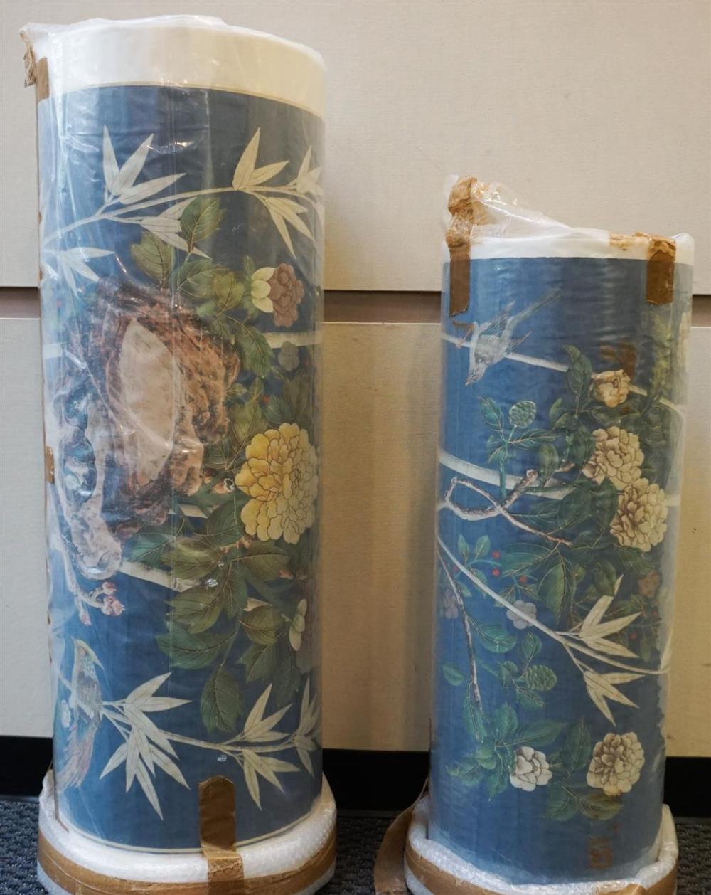 TWO ROLLED PAINTED WALLPAPER PANELS,