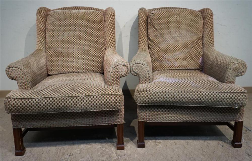 PAIR HICKORY CHAIR CO. UPHOLSTERED WING-BACK