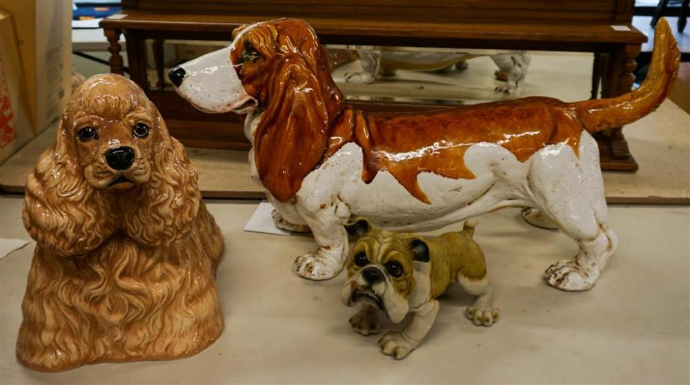 TWO CERAMIC FIGURES OF DOGS AND FIBERGLASS