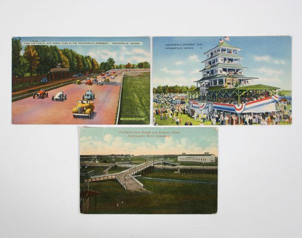 Three vintage Indy 500 postcards; two
