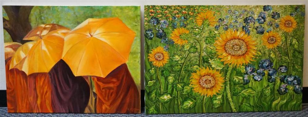 FIGURES UNDER UMBRELLAS AND A SUNFLOWER 3265a4