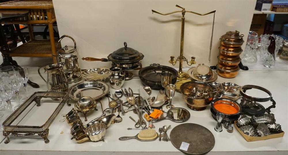 COLLECTION OF SILVER PLATE, BRASS