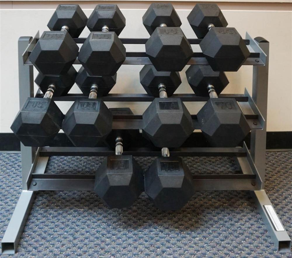 FIVE PAIRS OF BODY SOLID DUMBBELLS AND