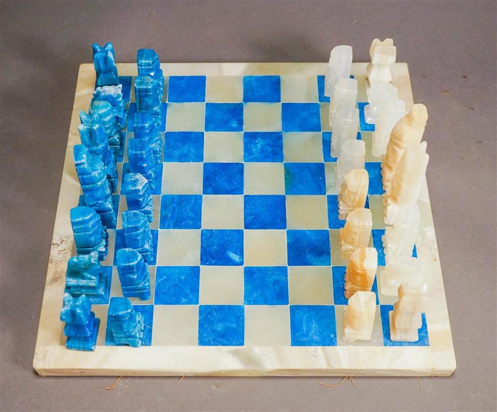 BLUE AND WHITE ALABASTER CHESS SET (COMPLETE)Blue