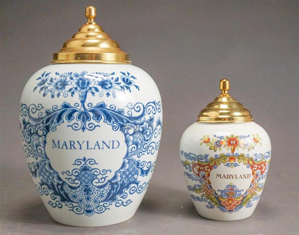 TWO DELFT 'MARYLAND' COVERED JARS,