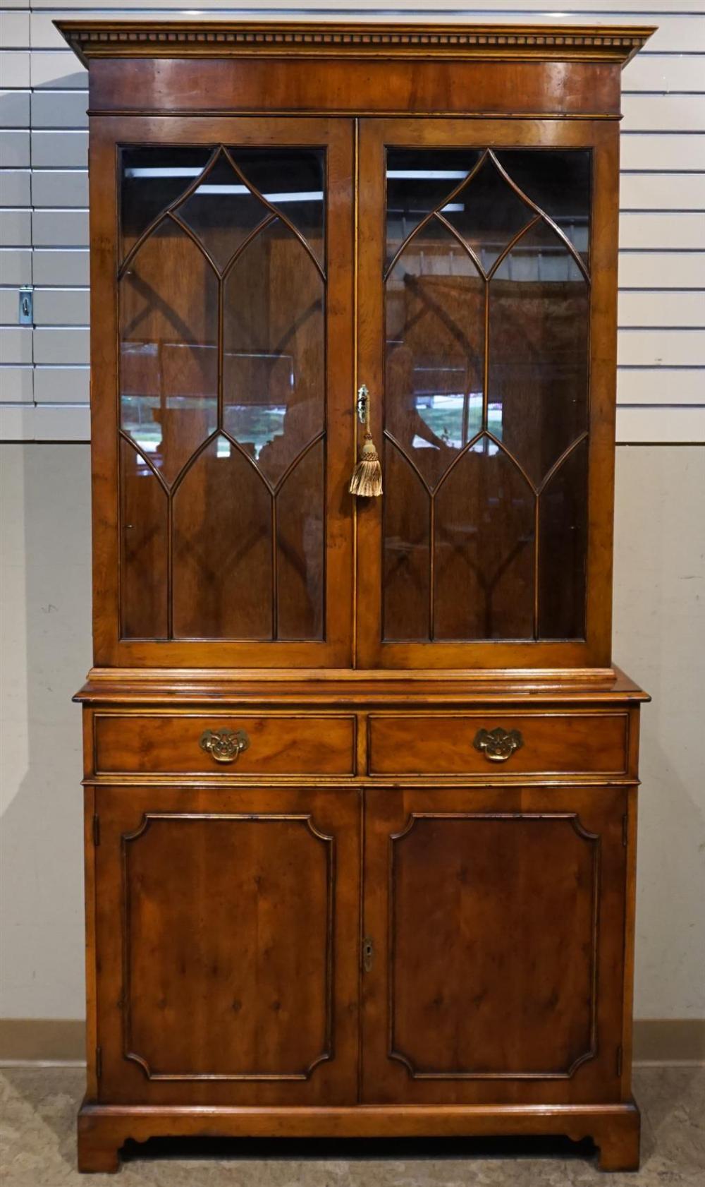 ENGLISH YEWWOOD TWO-PART BOOKCASE.