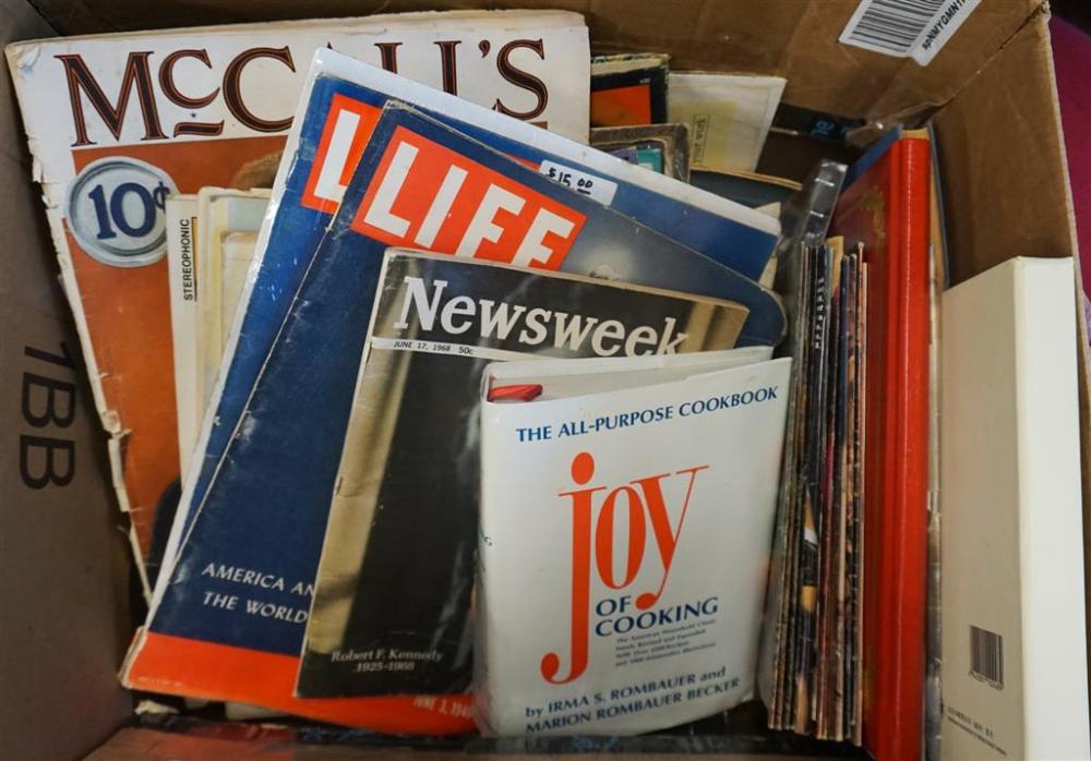 GROUP WITH MAGAZINES, RECORDS AND