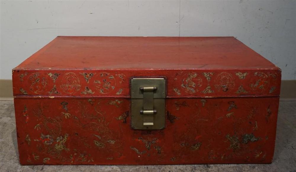 CHINESE RED LACQUERED BLANKET CHEST,