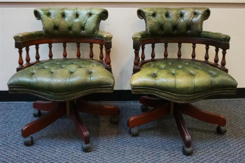 PAIR GREEN LEATHER TUFTED UPHOLSTERED 326819