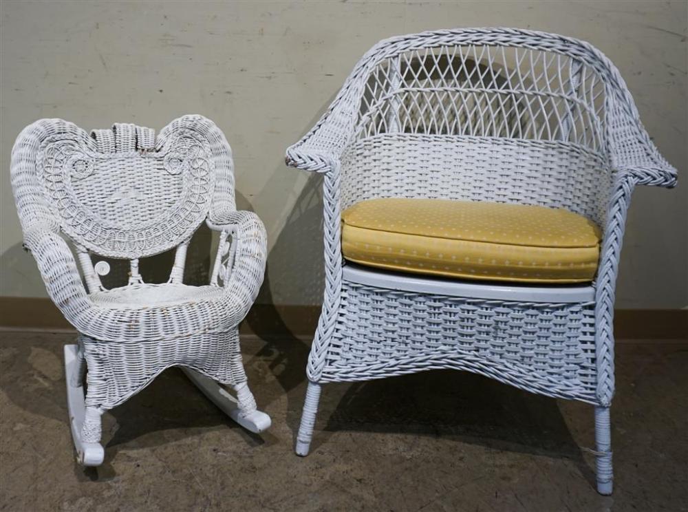 WHITE PAINTED WICKER ARMCHAIR AND