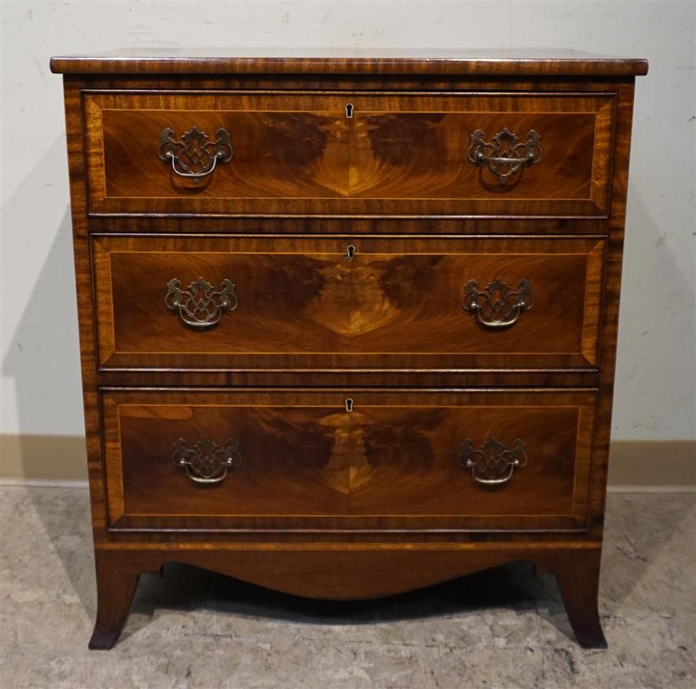 ENGLISH CROSSBANDED MAHOGANY SIDE CHEST,