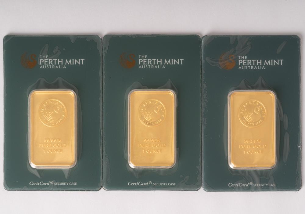 THREE ONE OZ. PERTH MINT GOLD INGOTEach