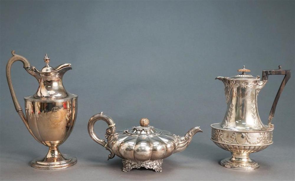 THREE SILVER PLATED TEA POTS, ONE WITH
