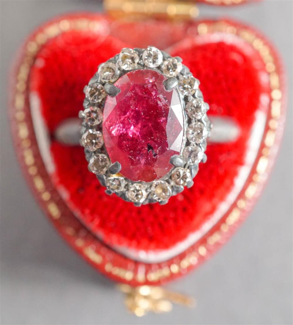 SILVER, RUBY AND DIAMOND RING,