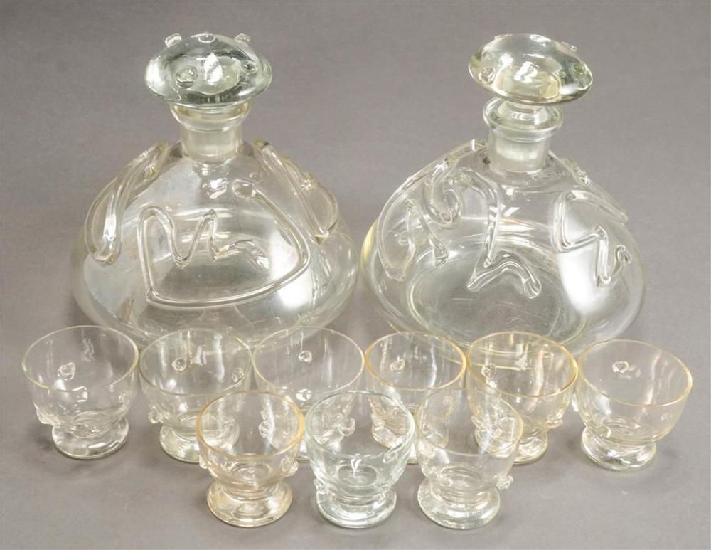 PAIR GLASS DECANTERS AND NINE CORDIALSPair