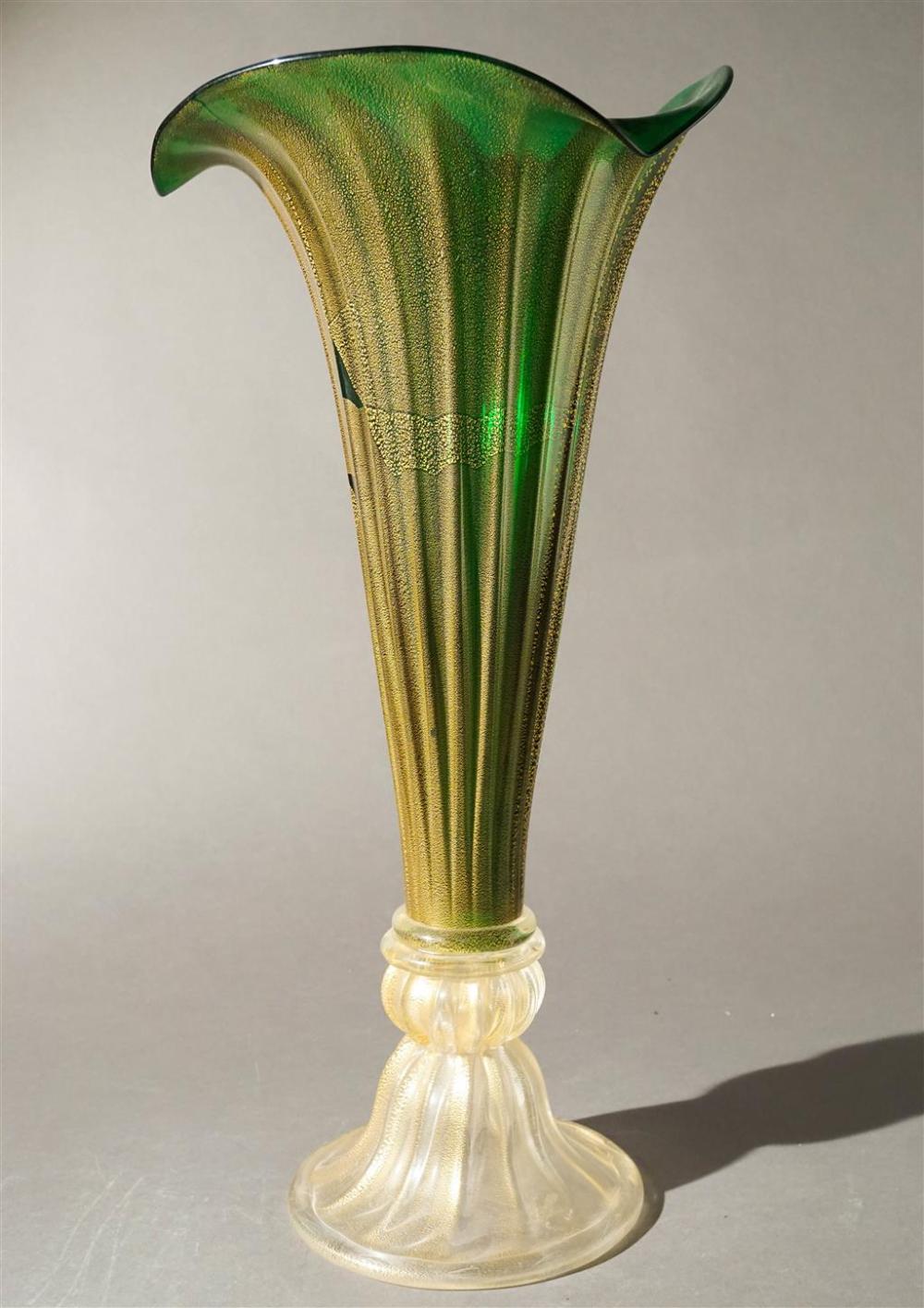 GOLD SPECKLED GREEN GLASS TRUMPET