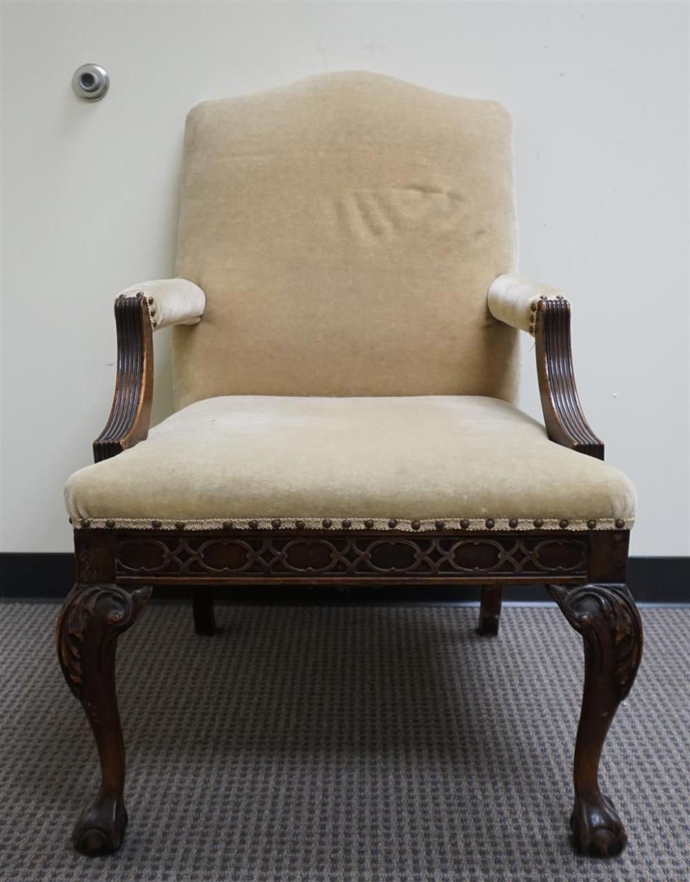 CHIPPENDALE STYLE UPHOLSTERED ARMCHAIR,