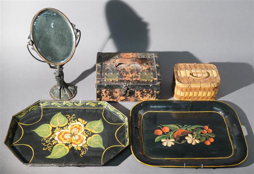 GROUP WITH TWO TOLE DECORATED TRAYS,