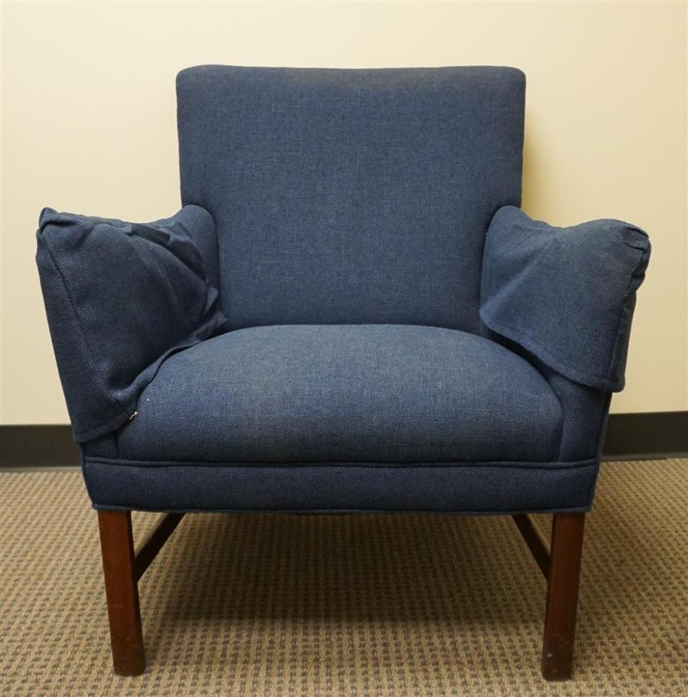 BLUE TWILL UPHOLSTERED WALNUT ARMCHAIR,