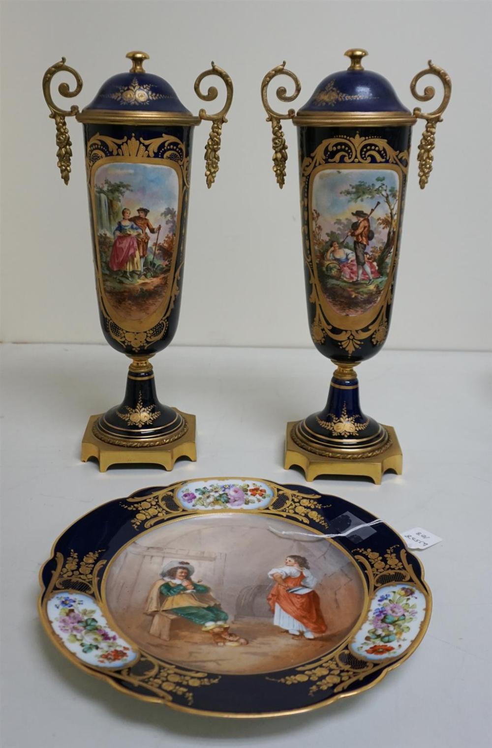 PAIR SEVRES TYPE URNS AND SEVRES