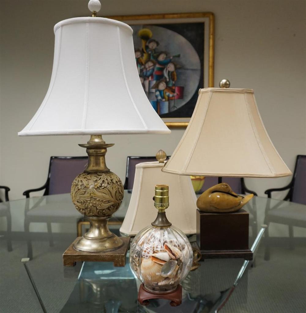 TWO ALABASTER TABLE LAMPS AND SEASHELL