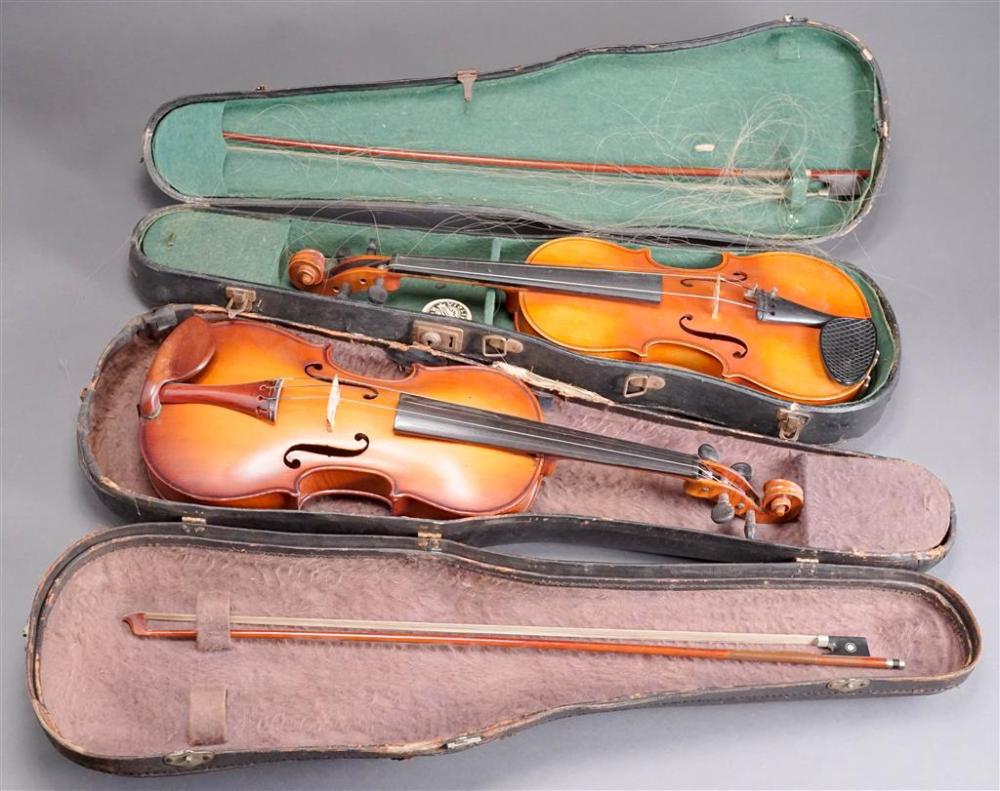 TWO ENCASED FRUITWOOD VIOLINS WITH BOWSTwo