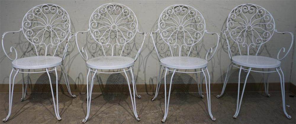 FOUR WHITE ENAMEL PAINTED WROUGHT