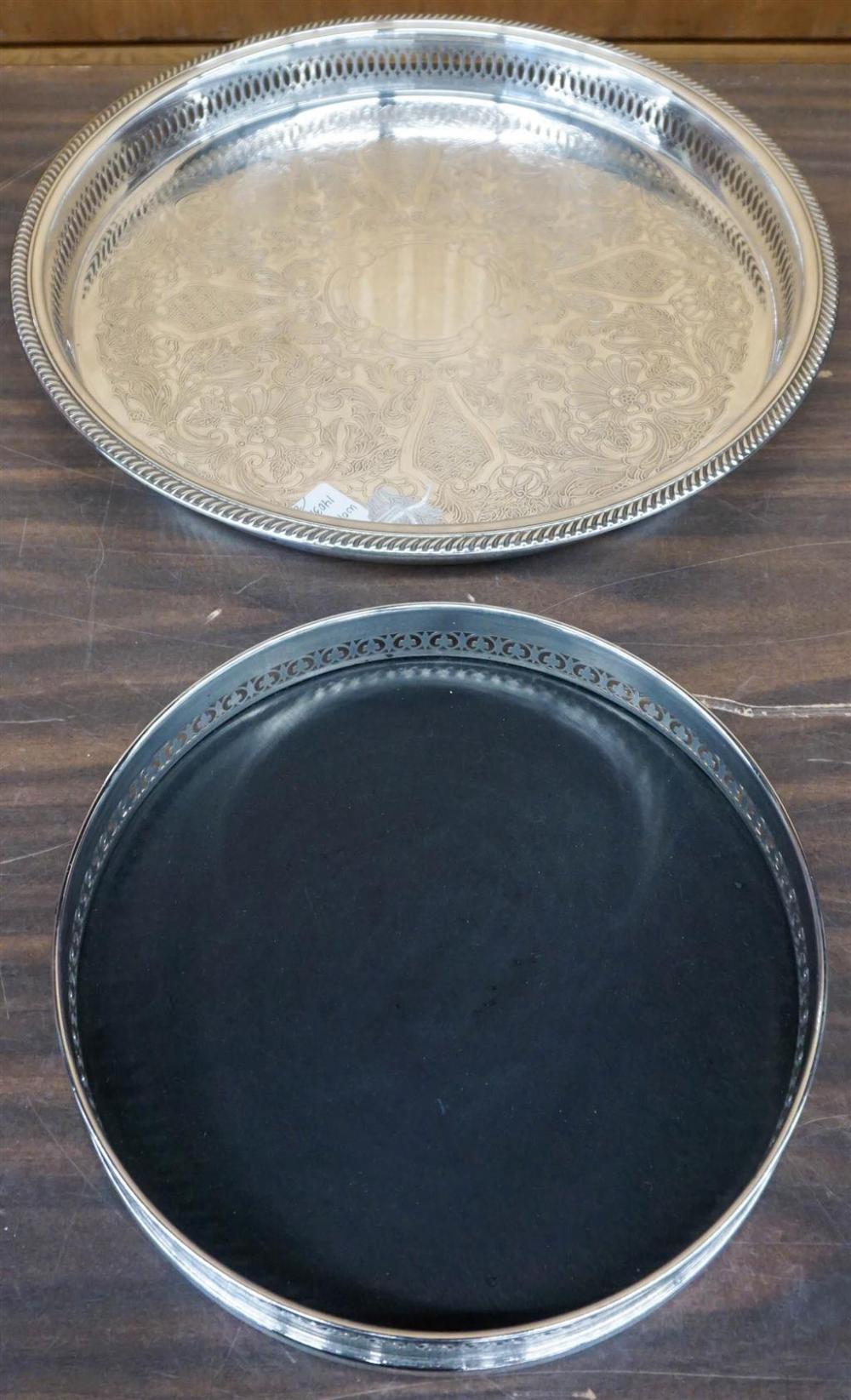 TWO SILVER PLATED ROUND TRAYS,