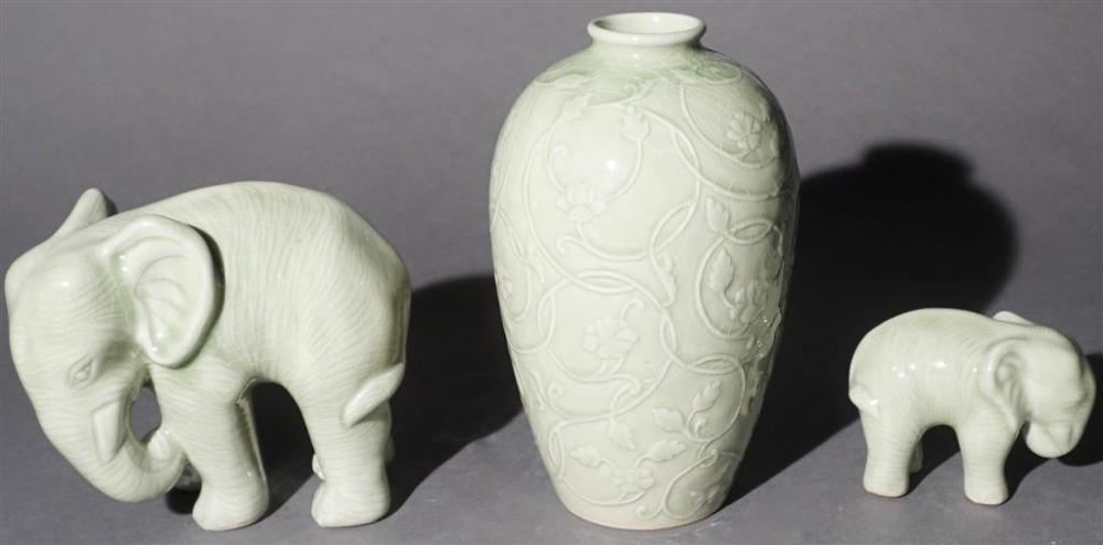 TWO THAI CELADON GLAZED CERAMIC ELEPHANT