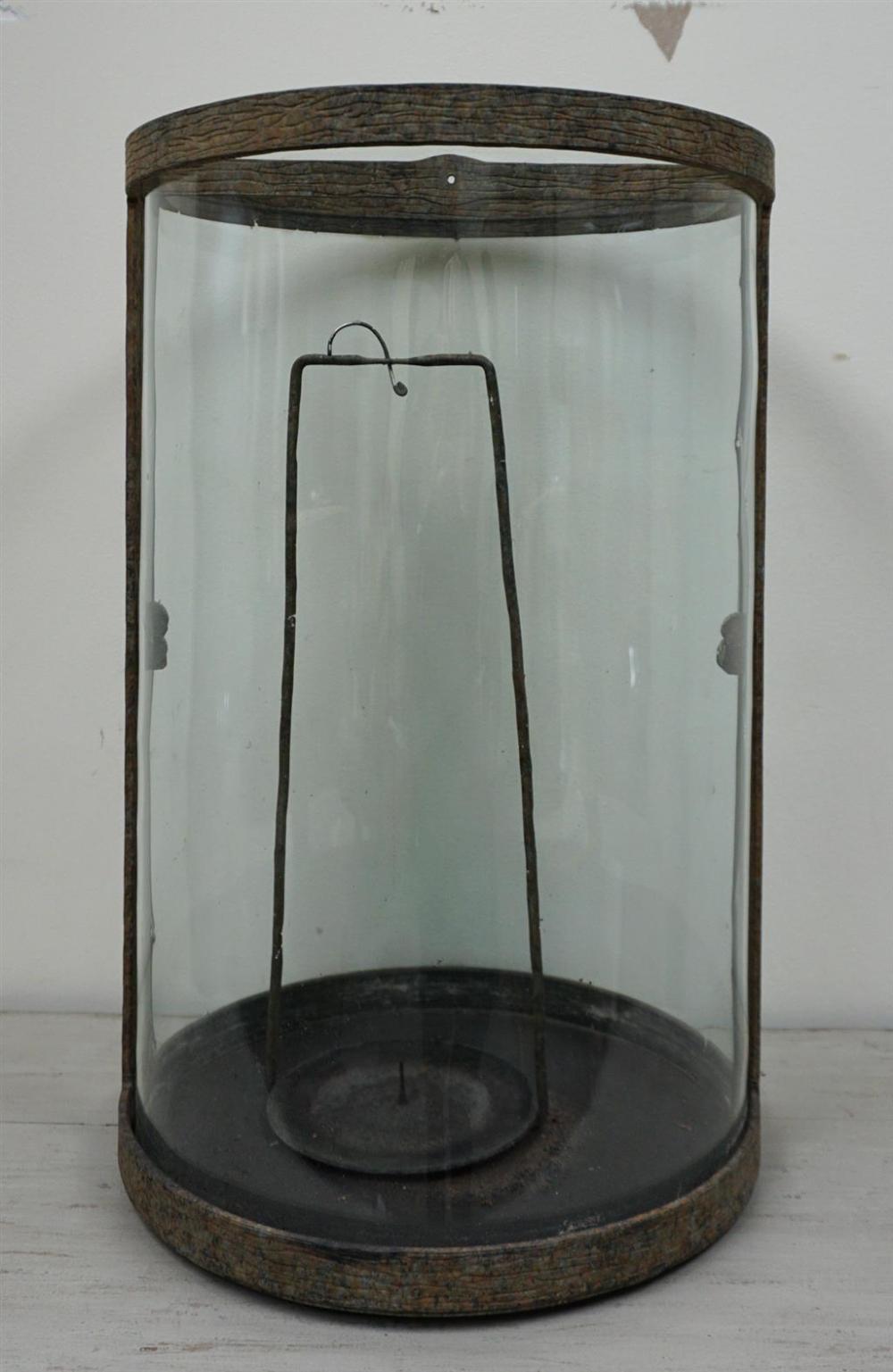 IRON AND GLASS CYLINDRICAL HANGING LAMP,