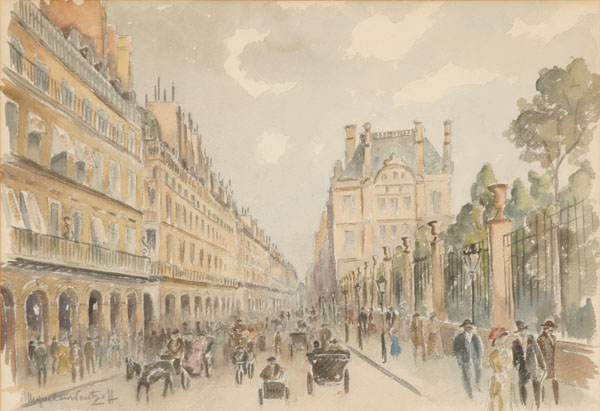 European street scene, watercolor