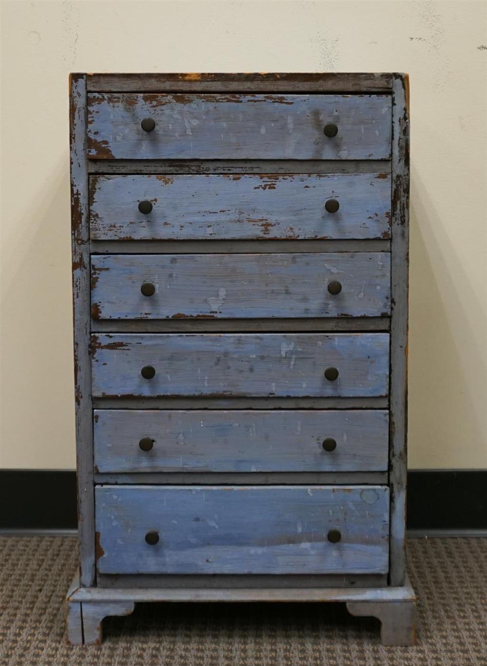 BLUE PAINTED WOOD SIX-DRAWER SPOOL CHEST,