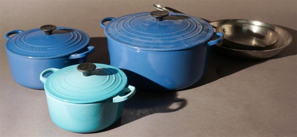 THREE LE CREUSET ENAMEL DUTCH OVENS,