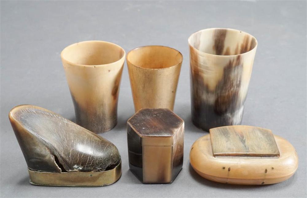 THREE HORN CUPS AND THREE SNUFF BOXESThree