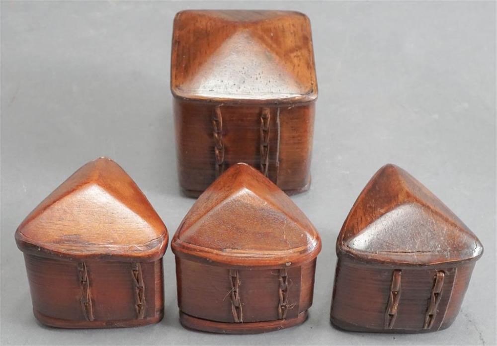 FOUR BENT BARK AND WOOD BOXES,