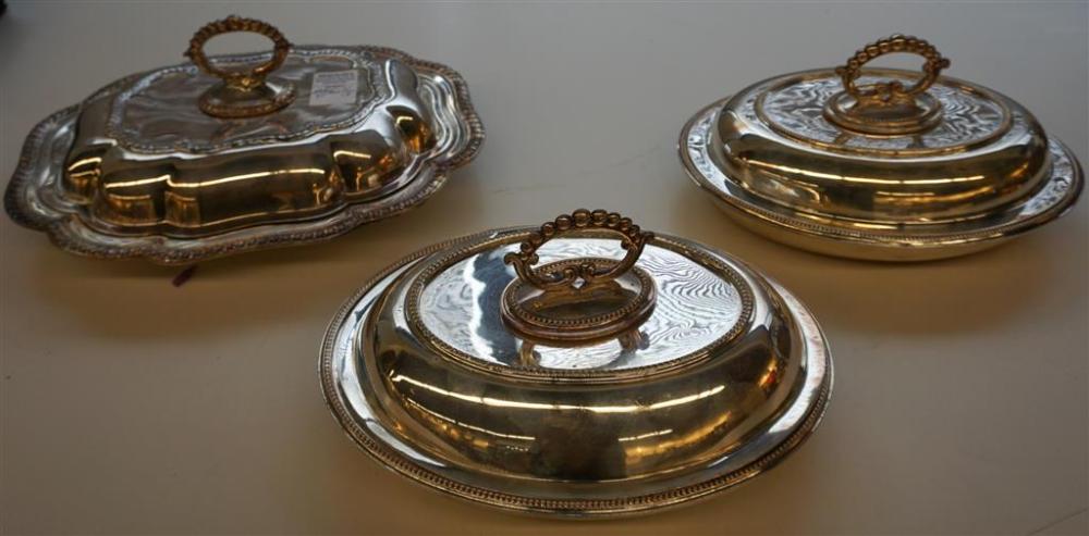 THREE ENGLISH SILVER PLATE COVERED ENTREE