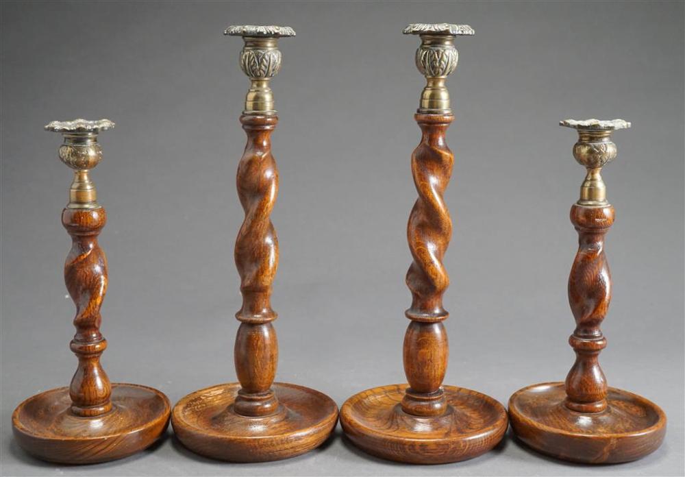 TWO PAIRS BRASS MOUNTED OAK TWISTED