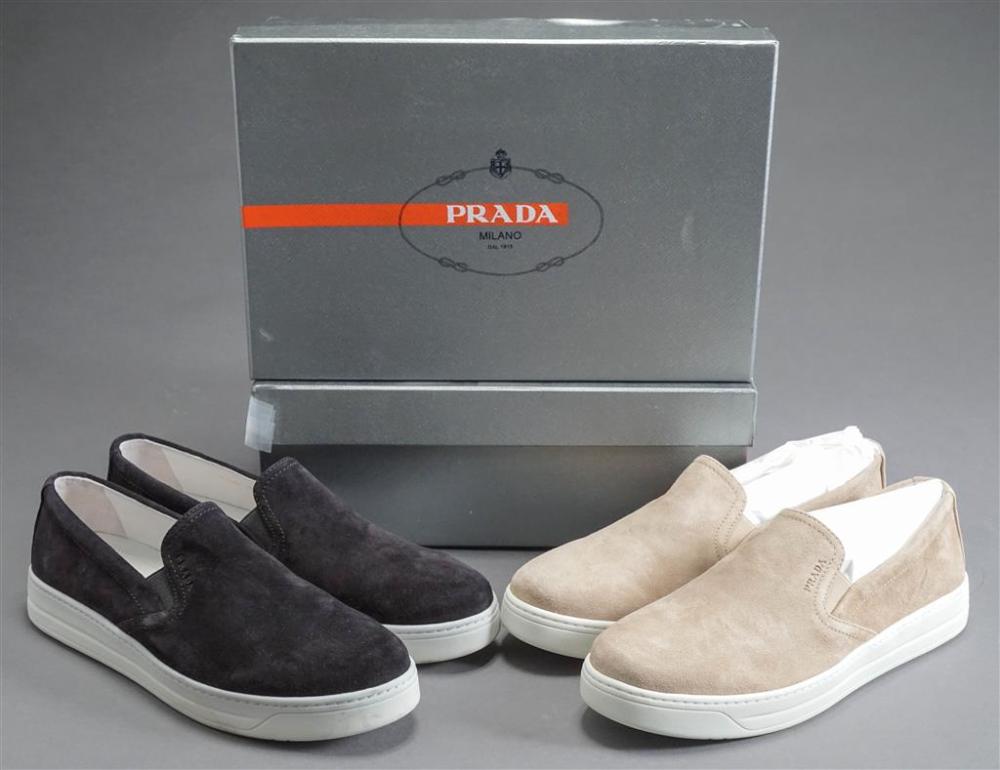 TWO PAIRS PRADA SUEDE LOAFERS, SIZE: