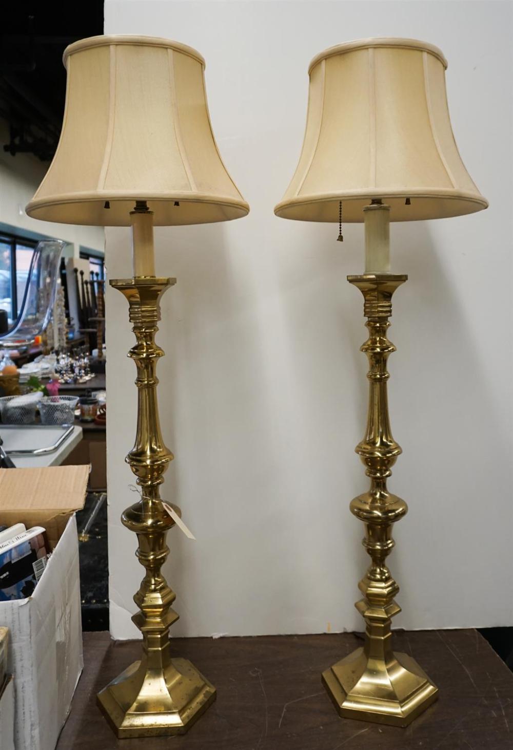 PAIR BRASS TABLE LAMPS, H: 37-3/4