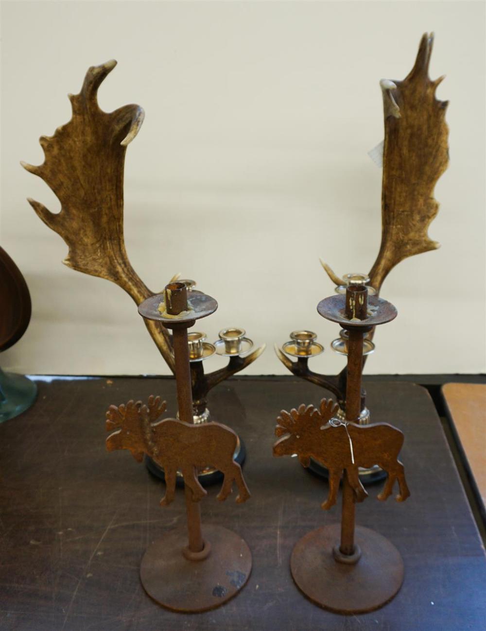 TWO ANTLER CANDELABRA AND PAIR
