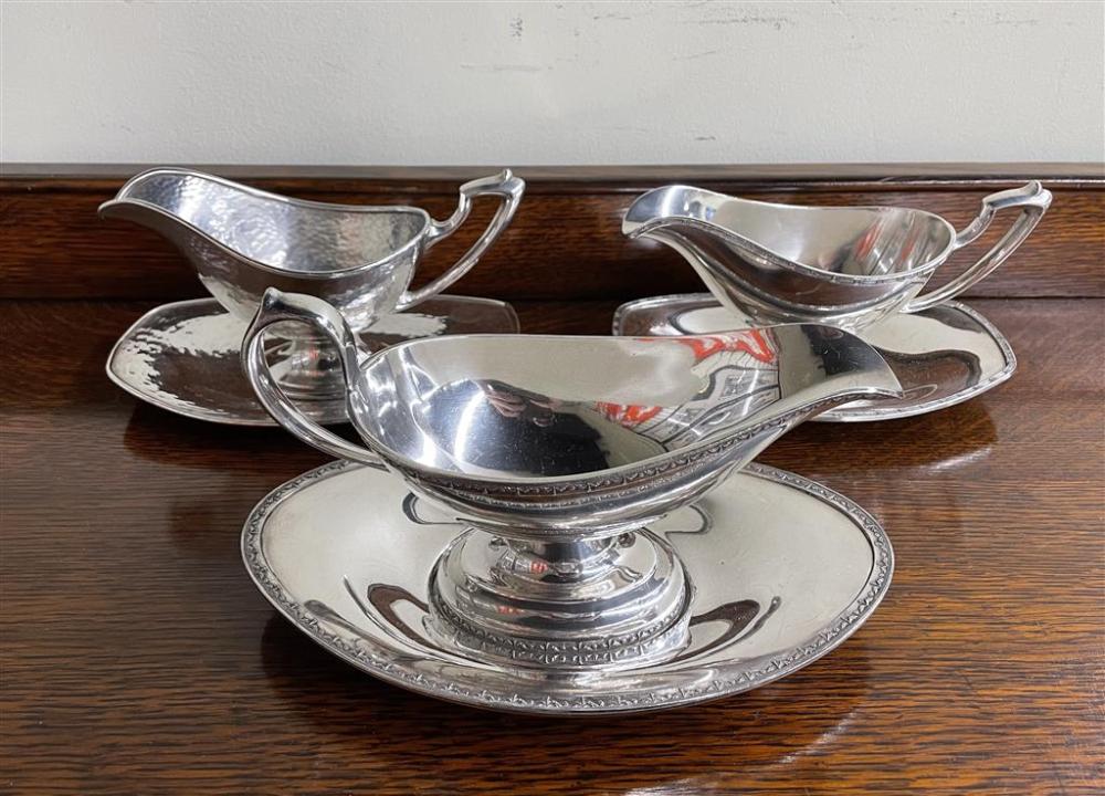 THREE SILVER PLATE GRAVY BOATS