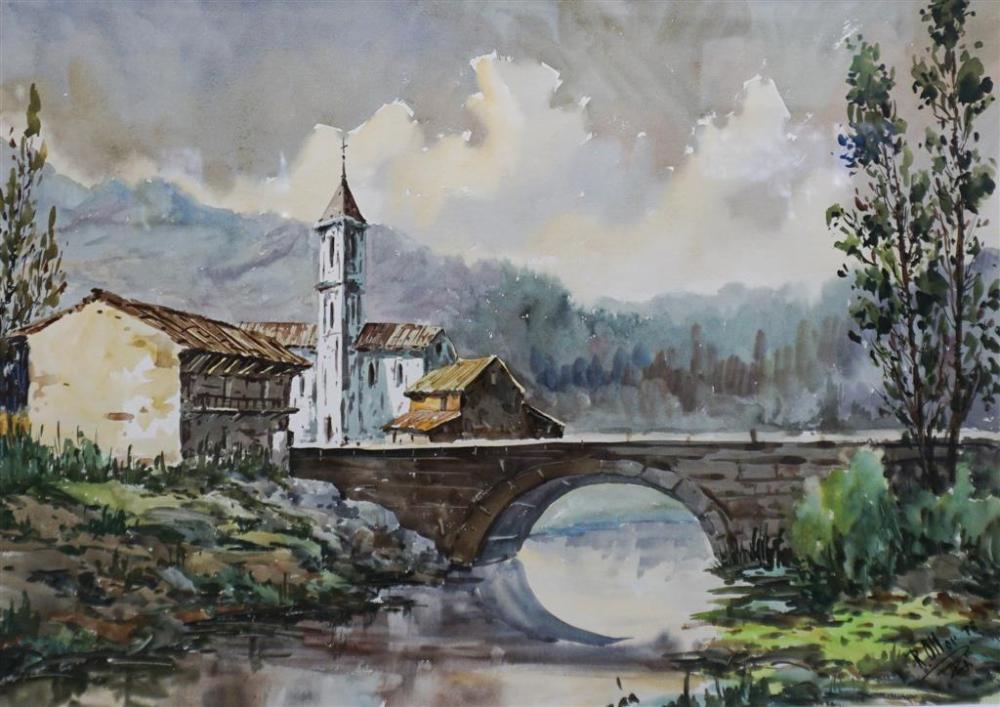 R. OLLER, BRIDGE OVER CALM WATER,