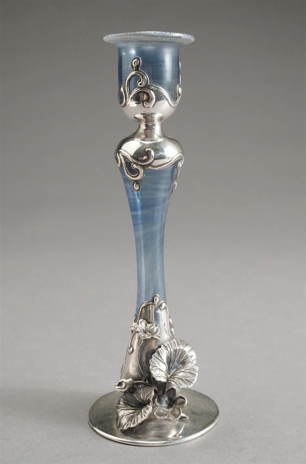 SILVER OVERLAY PALE BLUE GLASS CANDLESTICK,