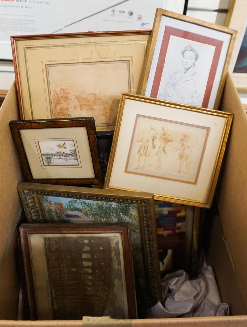 BOX WITH 18 ASSORTED FRAMED WORKS